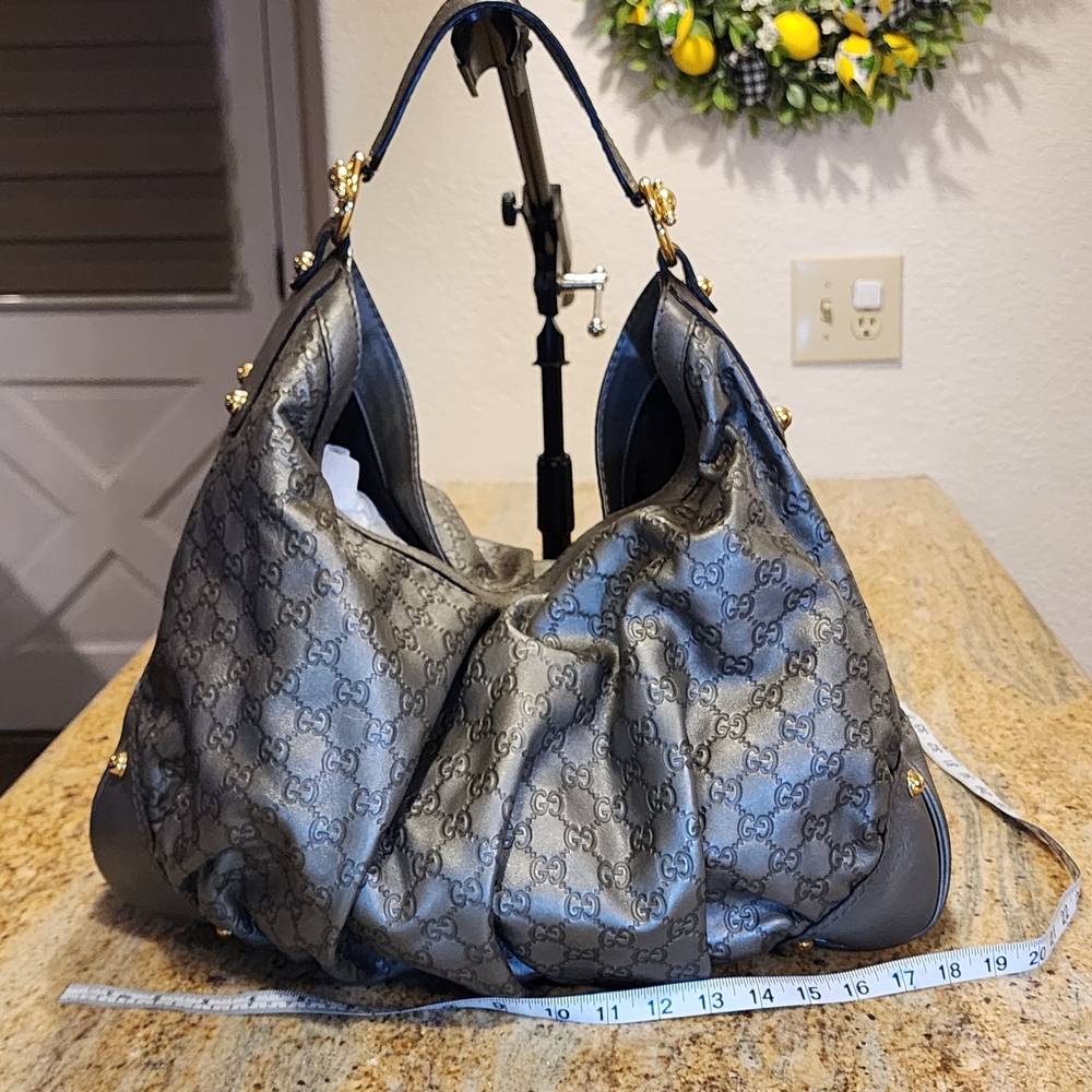 Authentic Gucci Large Jockey 203502 Guccissima Embossed Black Metalic Hobo Bag